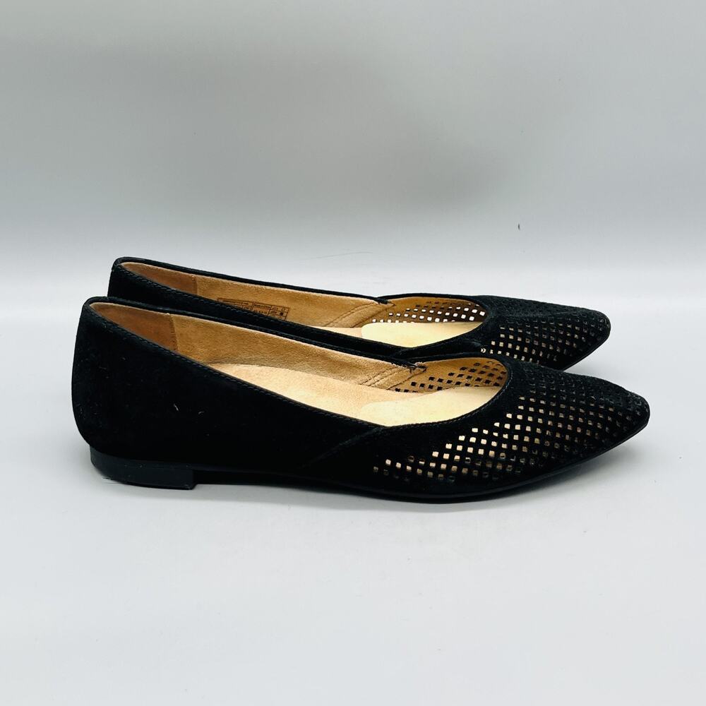 Vionic Shoes Womens 7 Black Suede Posey Perforated Flats Pointed Toe Comfort‎